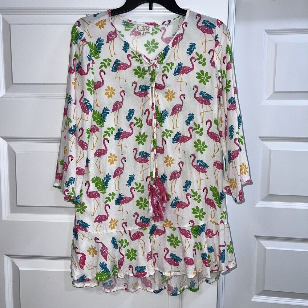 Mud Pie Flamingo Tenley Tassel Cover-Up Tunic Top Beach Swim Cover Size Small